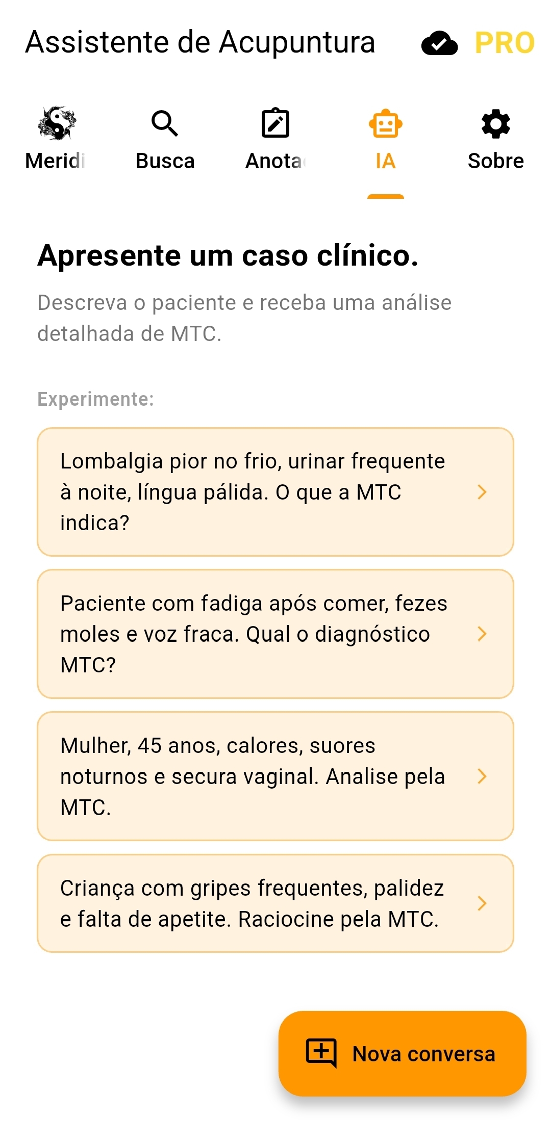 Aba de IA do app com o Lao Tzu pronto para receber dúvidas e casos clínicos