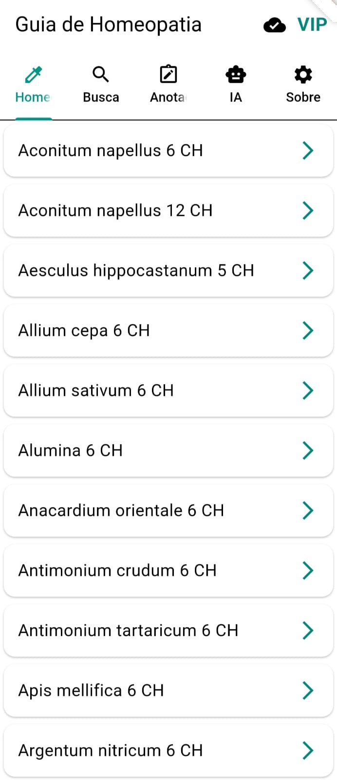 Tela inicial do Guia de Homeopatia com a lista de fórmulas homeopáticas